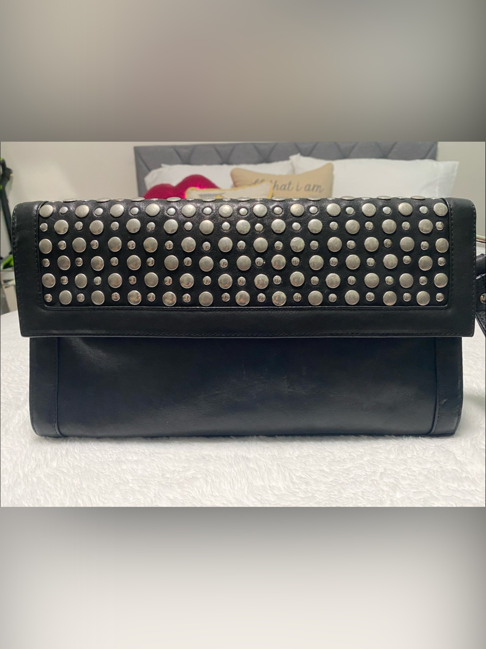 STUART WEITZMAN Black Leather Studded Wristlet Clutch BEAUTIFUL! 🤩